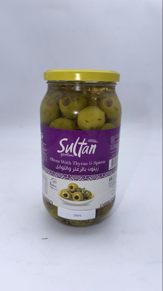 OLV 2604-  SULTAN-GREEN OLIVES W/ THYME(ZAATAR) & SPICES (PITTED)