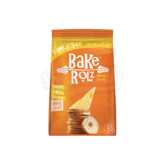 Orange package of Bake Rolz nacho cheese flavored wheat snacks on a white background