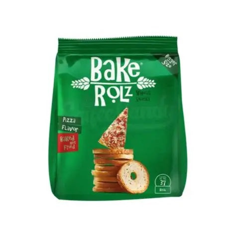 Green package of Bake Rolz pizza flavor snacks on a white background
