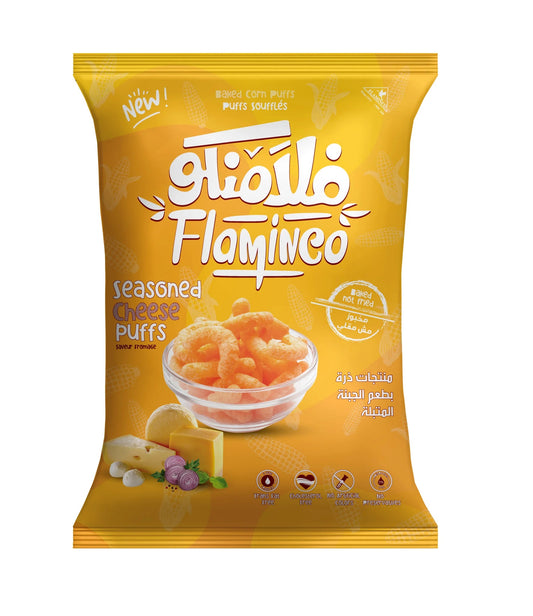 Packaging of Flaminóllo Flaminco seasoned cheese puffs on a white background