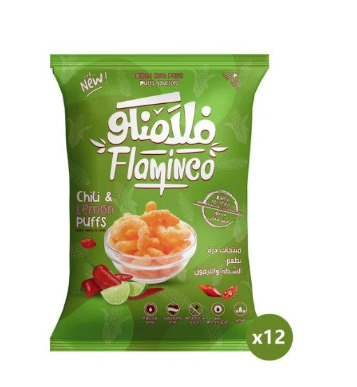 A green bag of Flaminco Chili & Lemon Puffs shown on a plain white background, with a green circular 'x12' badge in the lower right corner.