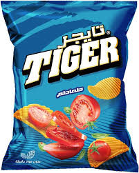Blue bag of Tiger potato chips with tomato graphics on a white background