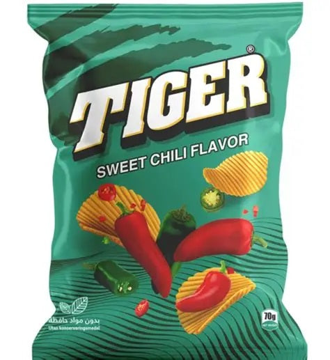 Green bag of Tiger sweet chili flavor chips on a white background